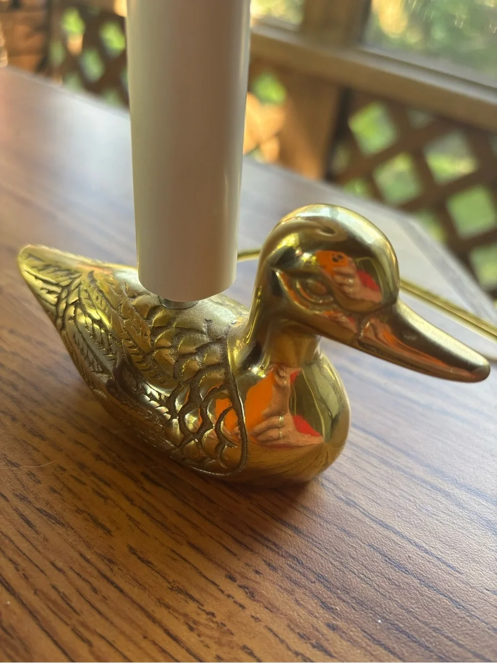 VTG Brass Duck Table Lamp with Beige Shade 12”- Extra Shade included.